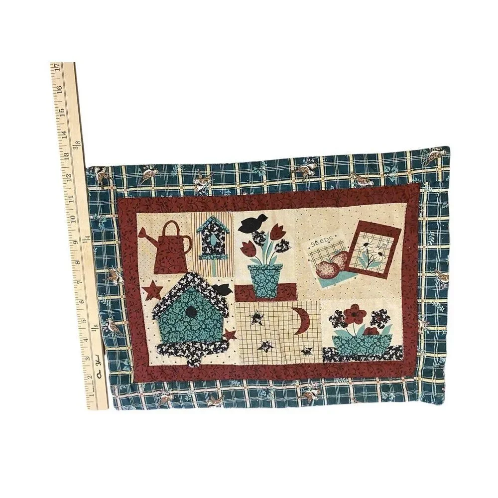 Set Of 3 Quilted Table Placemats With Country Birdhouse Design & Plaid Backing